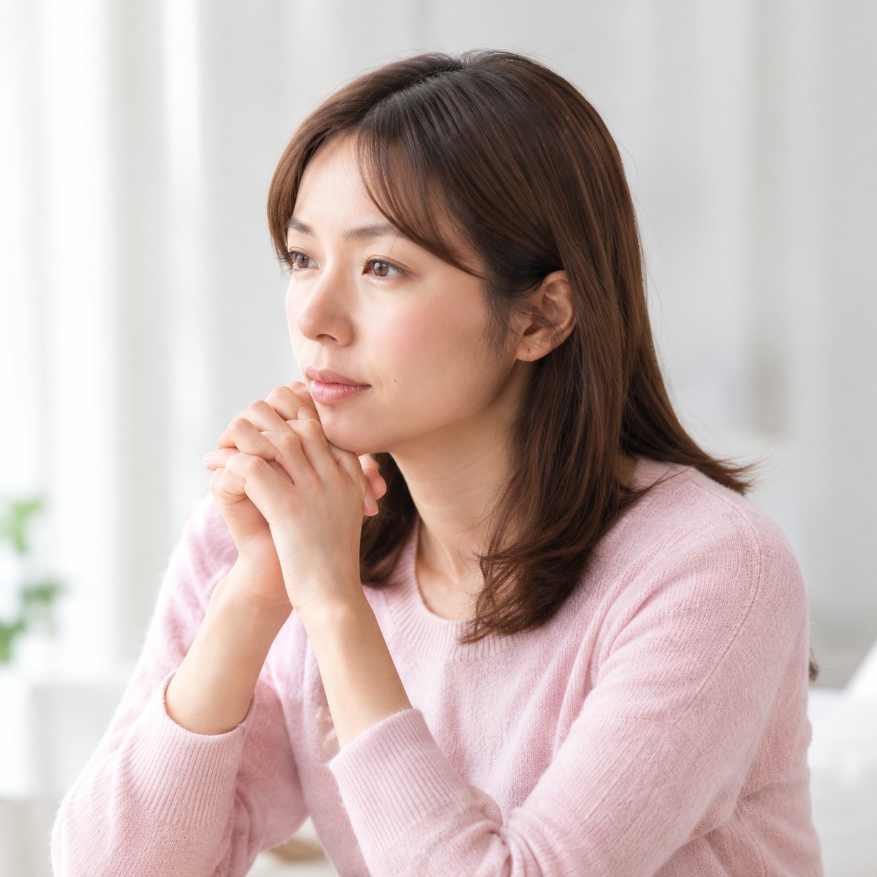ピンクのセーター姿の女性が手を組み窓辺で遠くを見つめている