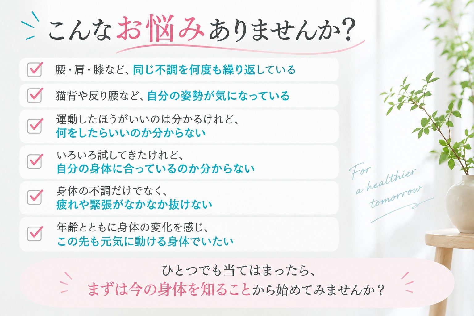 不調や姿勢の悩みを確認し身体を知るよう促す健康ポスター