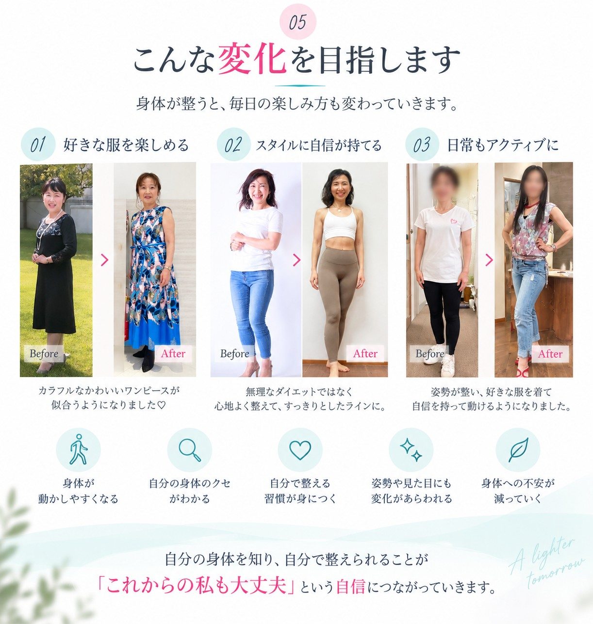 女性3人の身体や服装、姿勢のビフォーアフターを紹介する案内画像